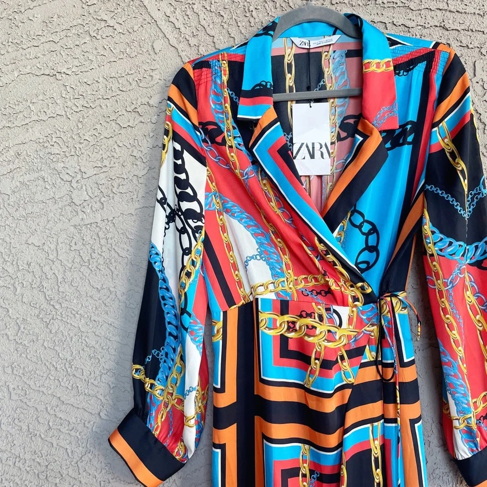 ZARA NWT BLOGGER FAVE Blue & Orange Chain Print Scarf Midi Shirt Dress Sz S - Picture 3 of 13